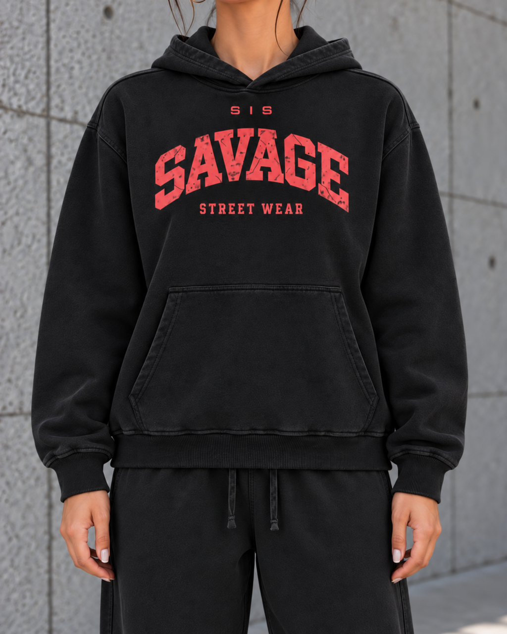 Savage Streetwear Hoodie in Washed Black / Red.