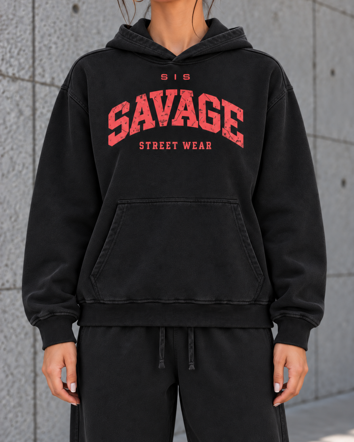 Savage Streetwear Hoodie in Washed Black / Red.
