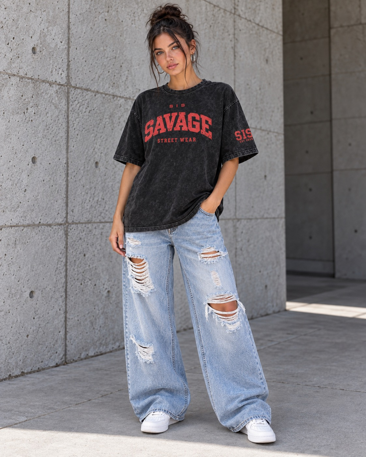 Savage Streetwear Oversized Tee Washed Black / Red