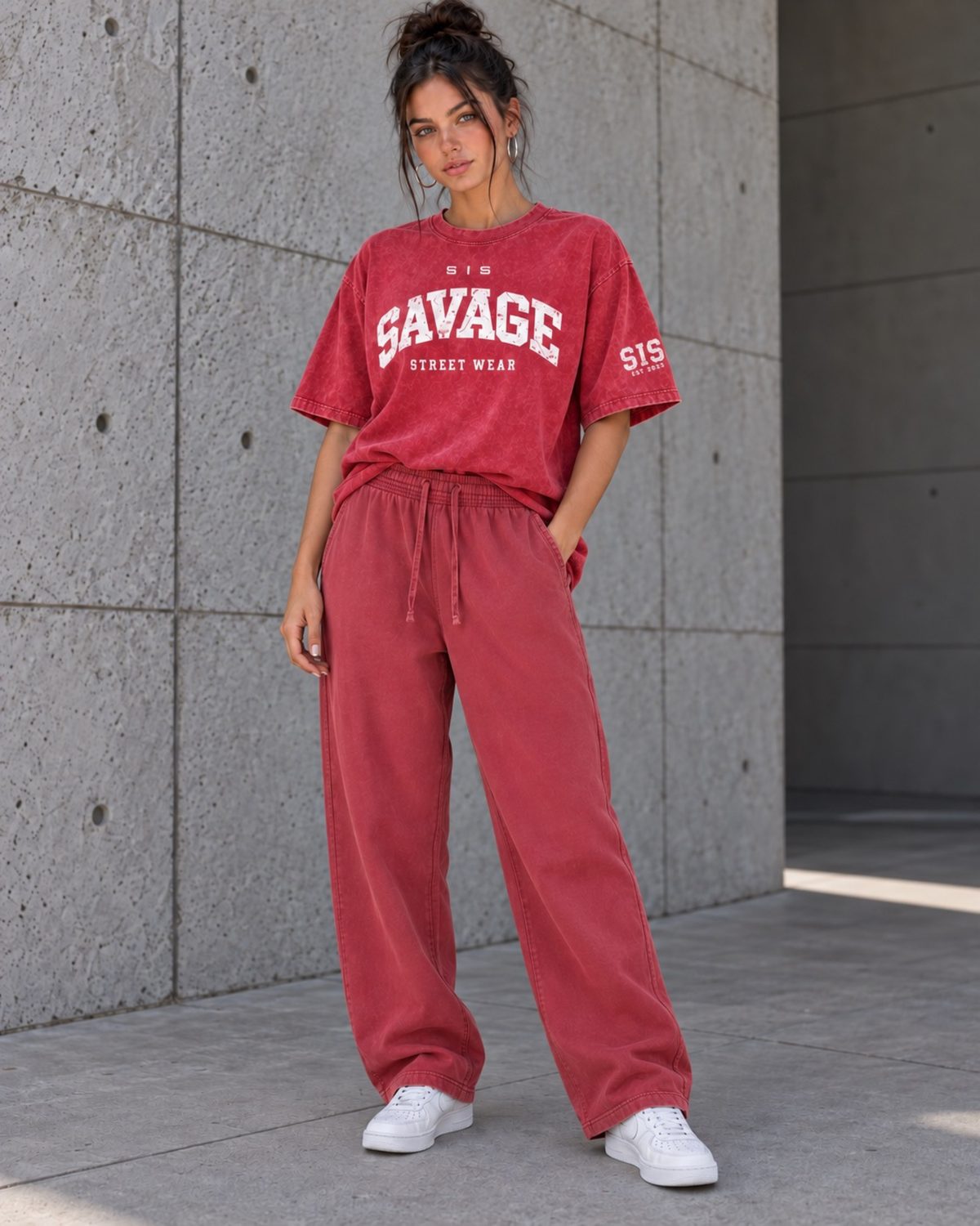 SIS Straight Leg Sweatpants in Washed Red.