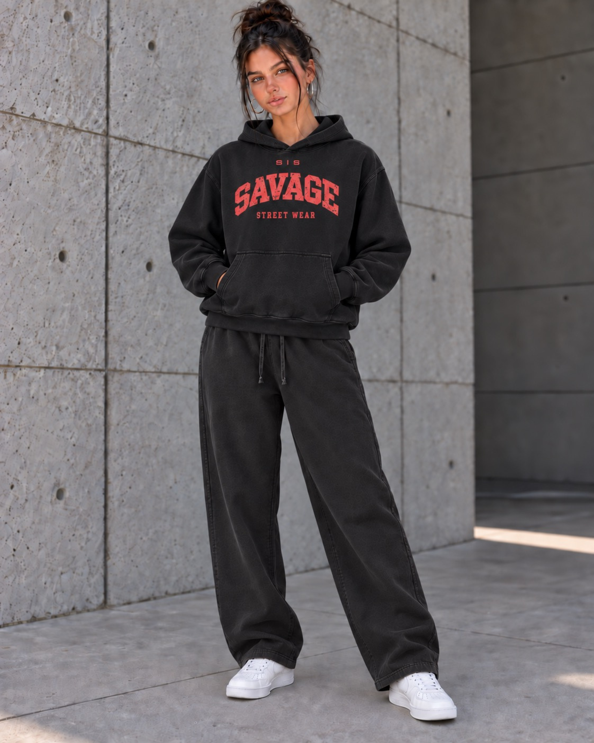 Savage Streetwear Hoodie in Washed Black / Red.
