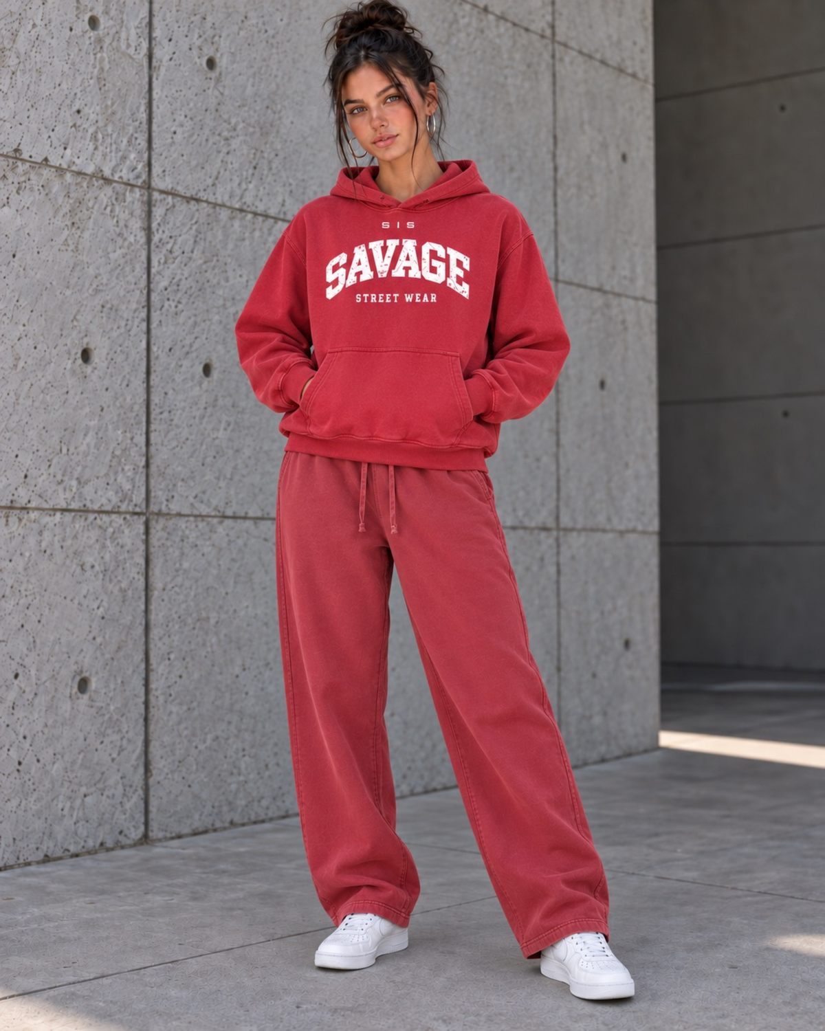 Savage Streetwear Hoodie in Washed Red / White.