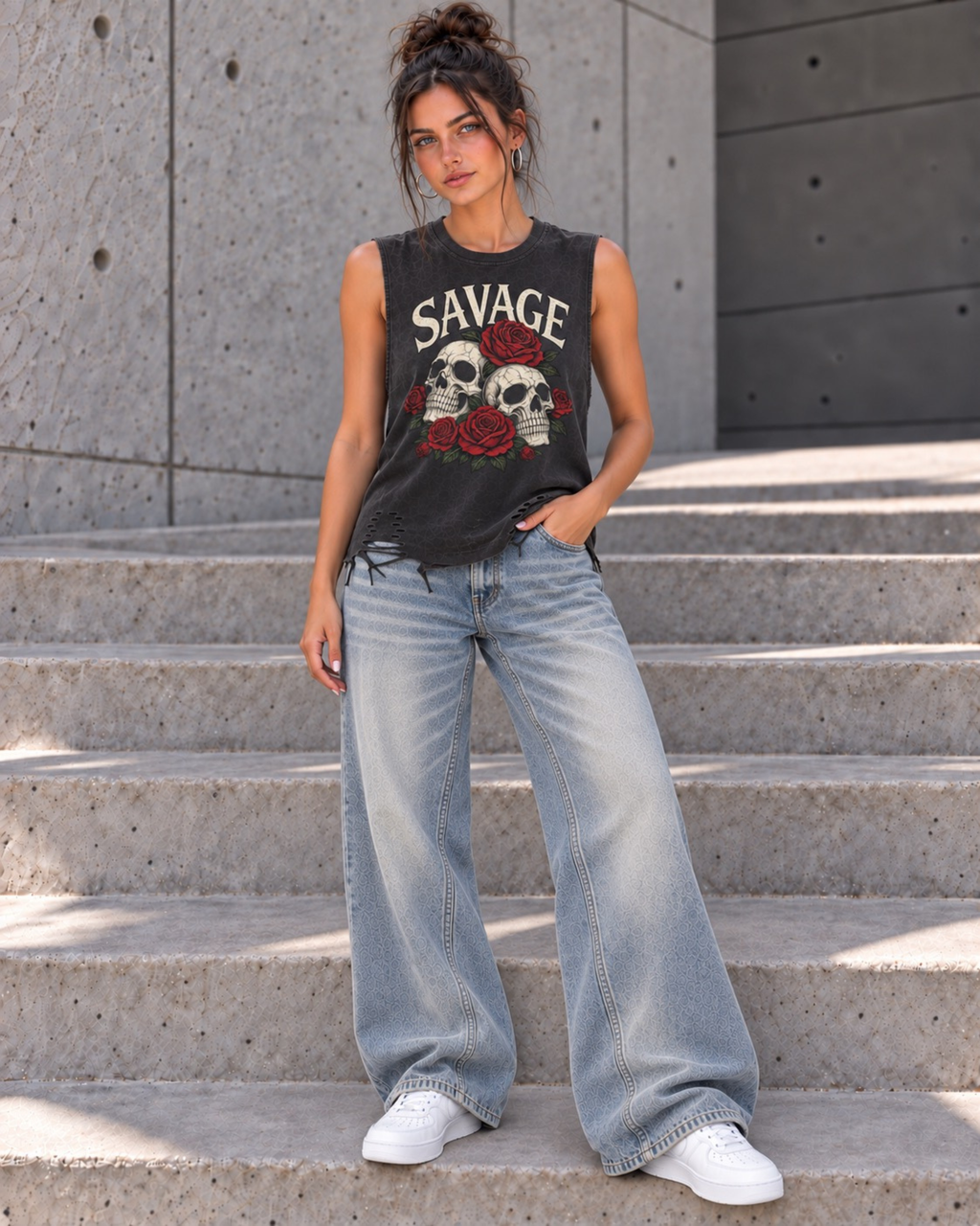 Savage Skull & Roses Tank in Washed Black.