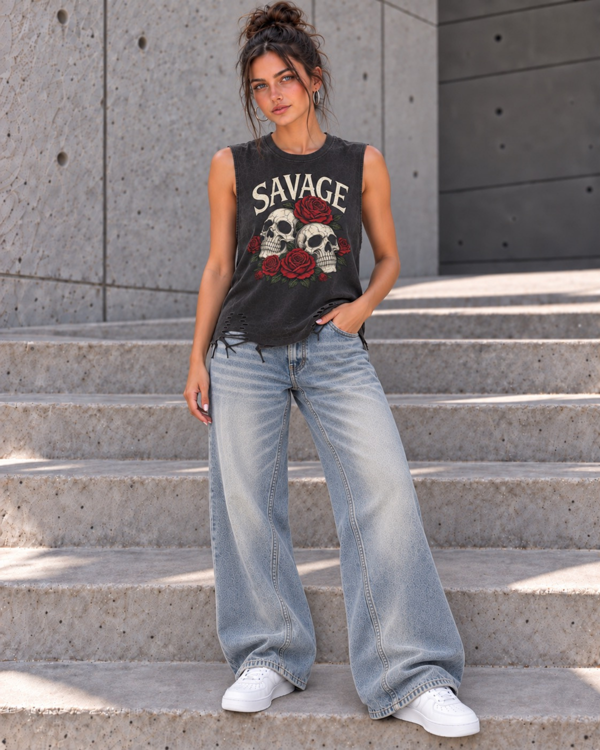Savage Skull & Roses Tank in Washed Black.