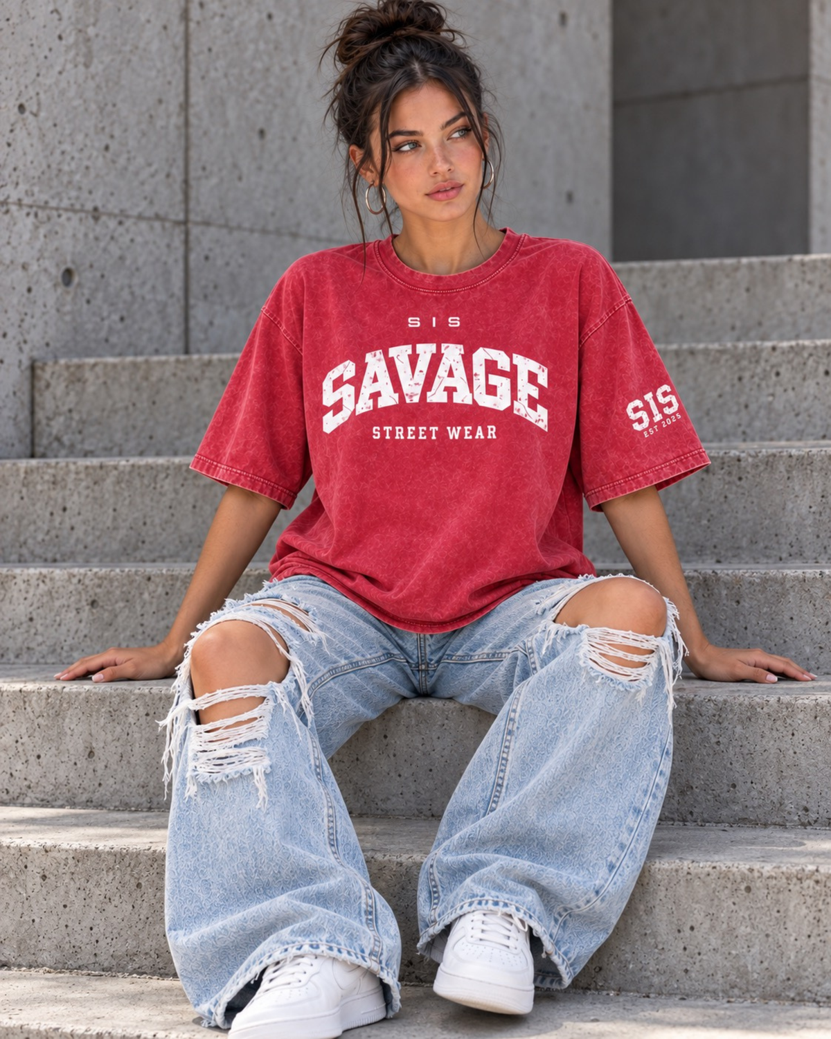 Savage Streetwear Oversized Tee in Washed Red / White.