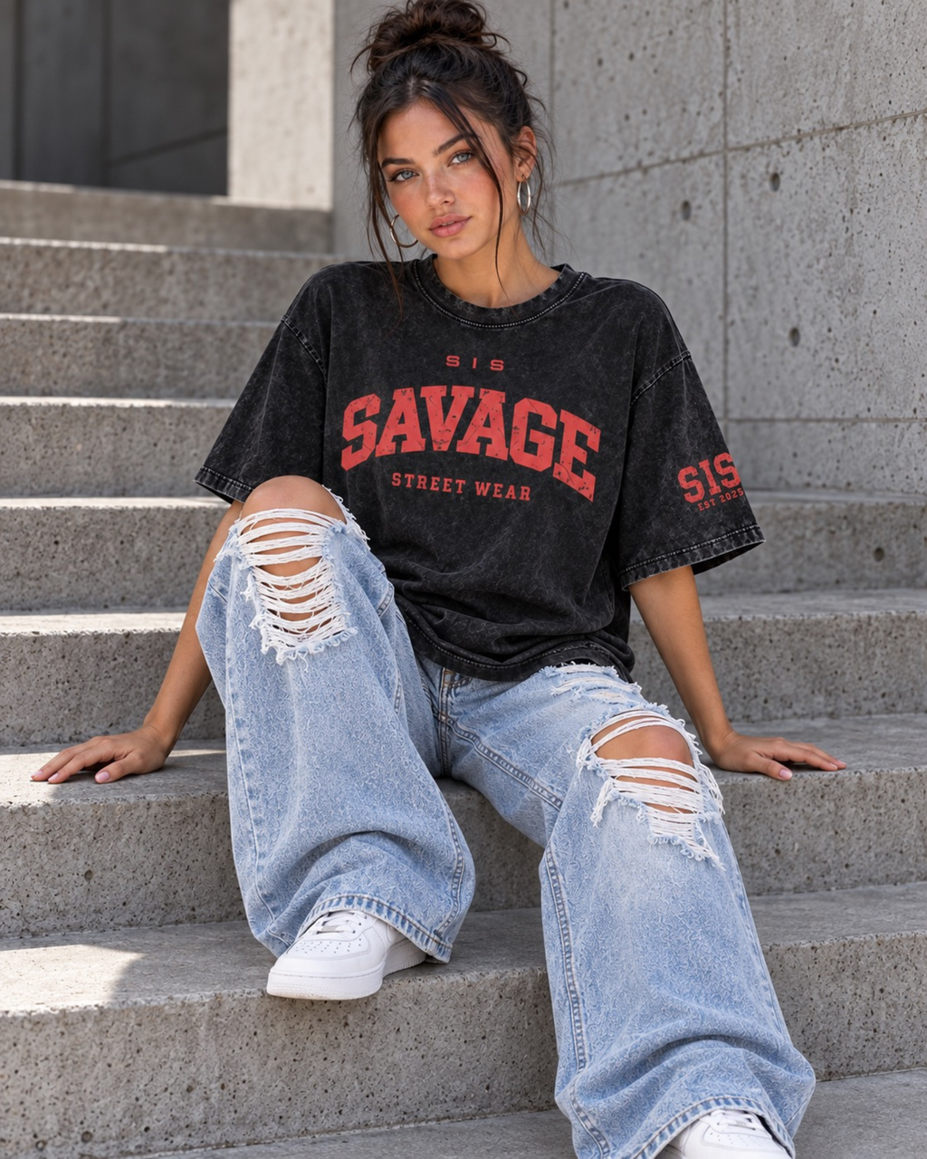 Savage Streetwear Oversized Tee Washed Black / Red