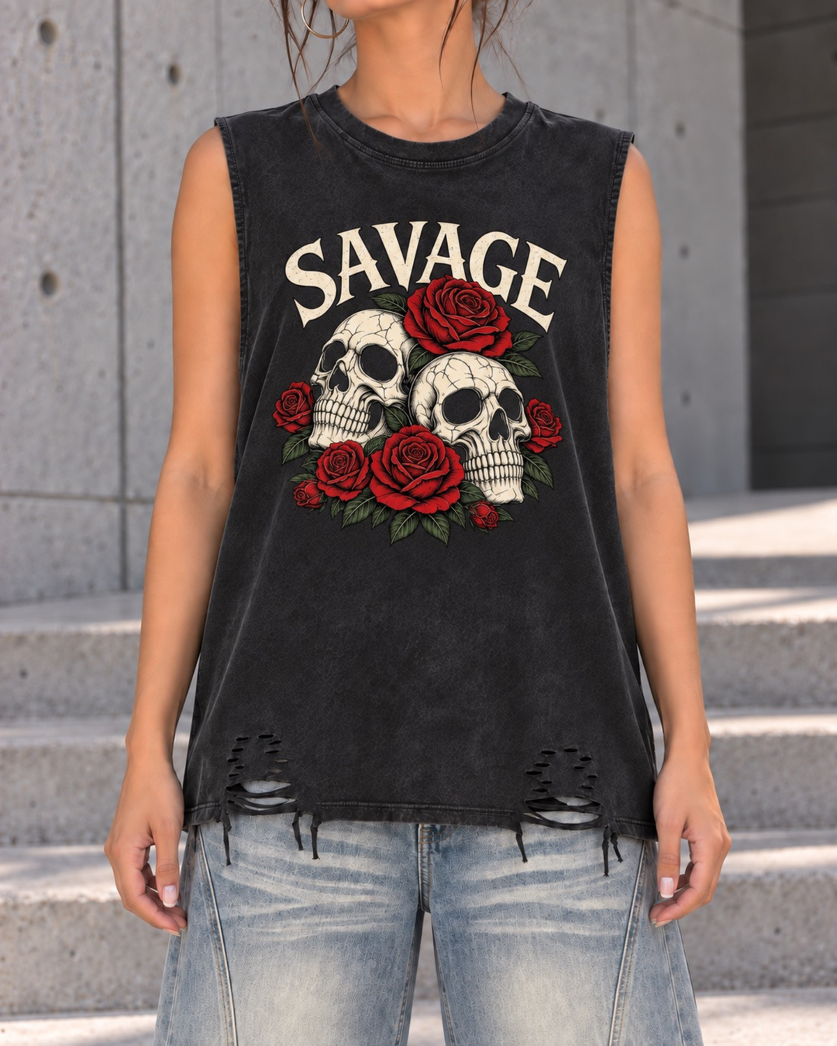 Savage Skull & Roses Tank in Washed Black.