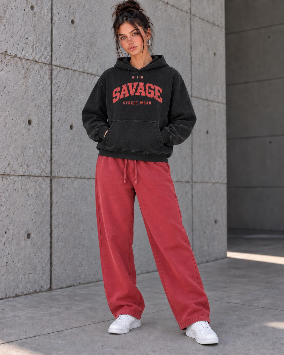 Savage Streetwear Hoodie in Washed Black / Red.