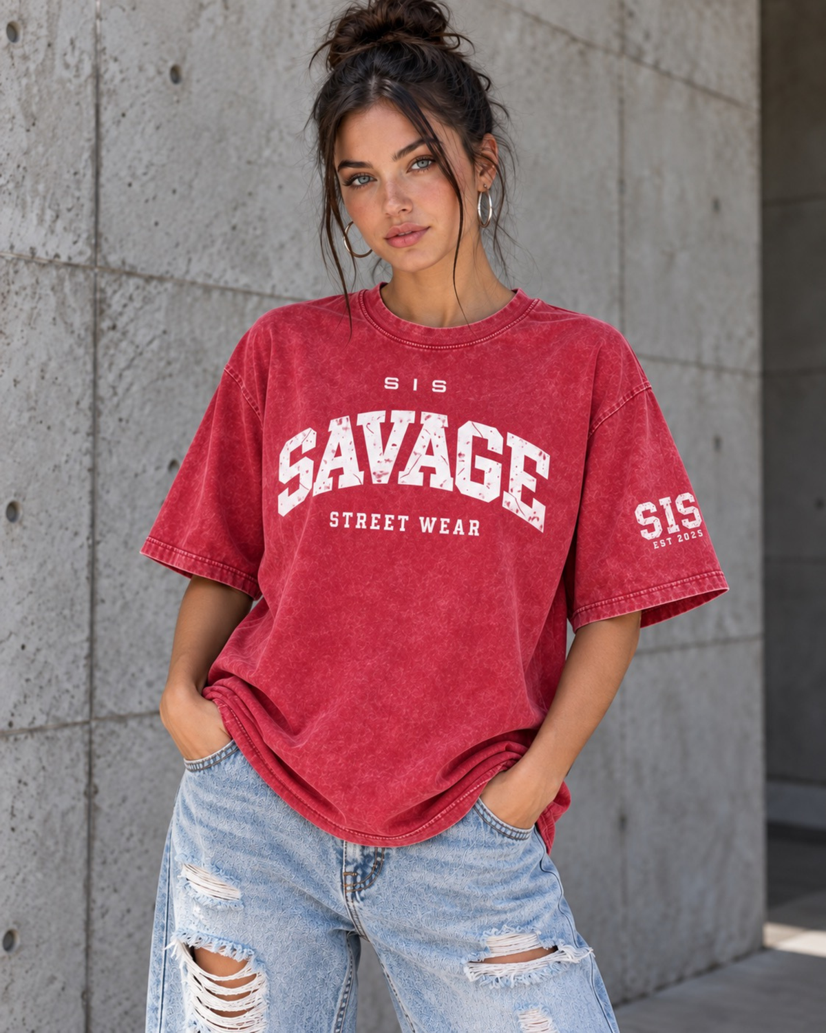 Savage Streetwear Oversized Tee in Washed Red / White.