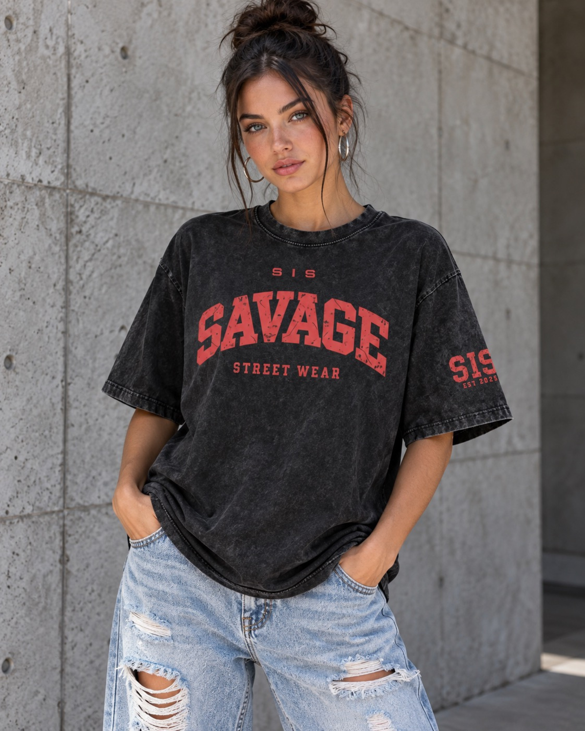 Savage Streetwear Oversized Tee Washed Black / Red