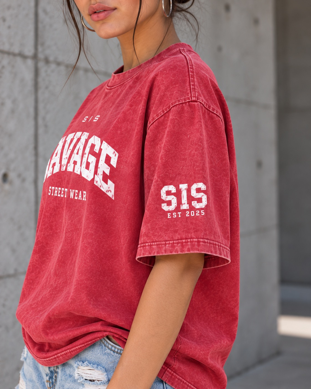 Savage Streetwear Oversized Tee in Washed Red / White.