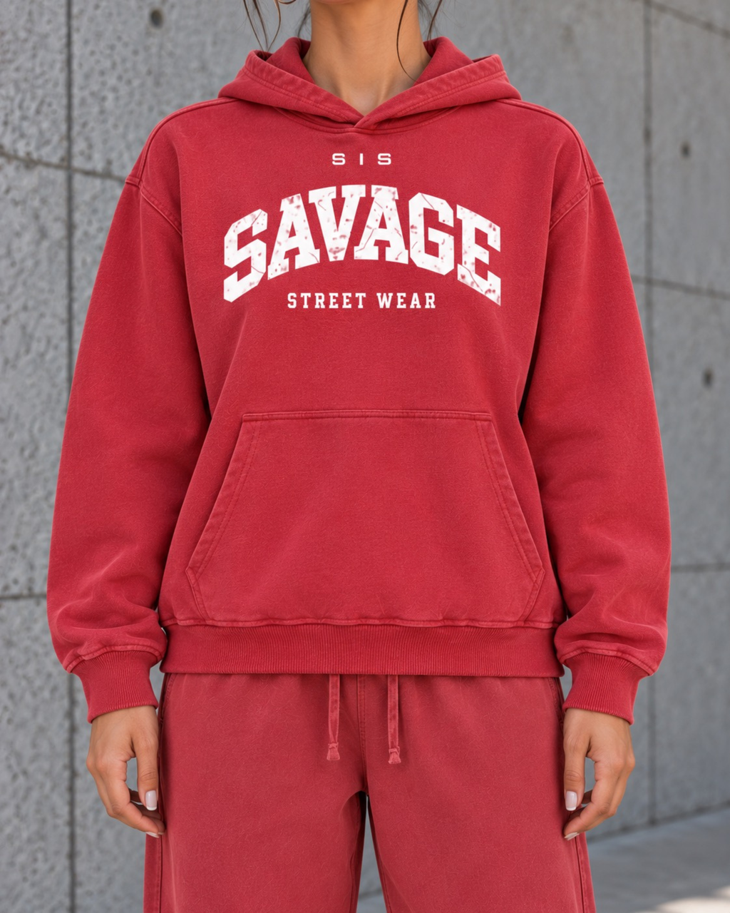 Savage Streetwear Hoodie in Washed Red / White.