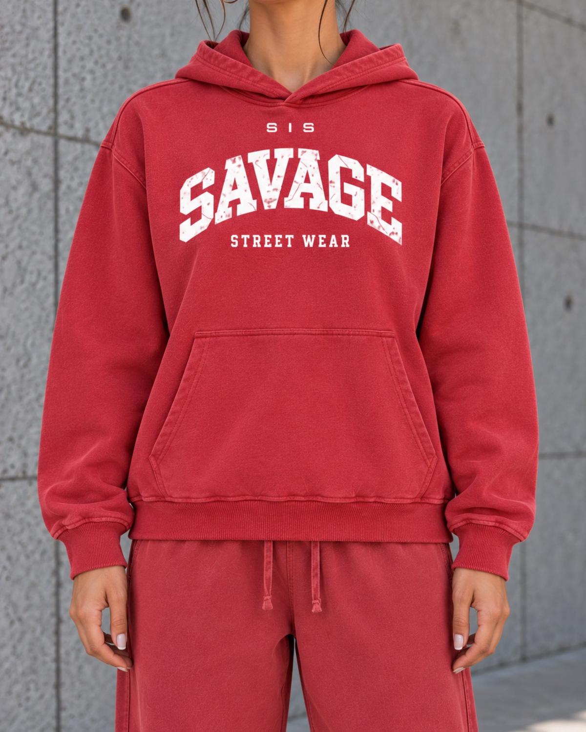 Savage Streetwear Hoodie in Washed Red / White.