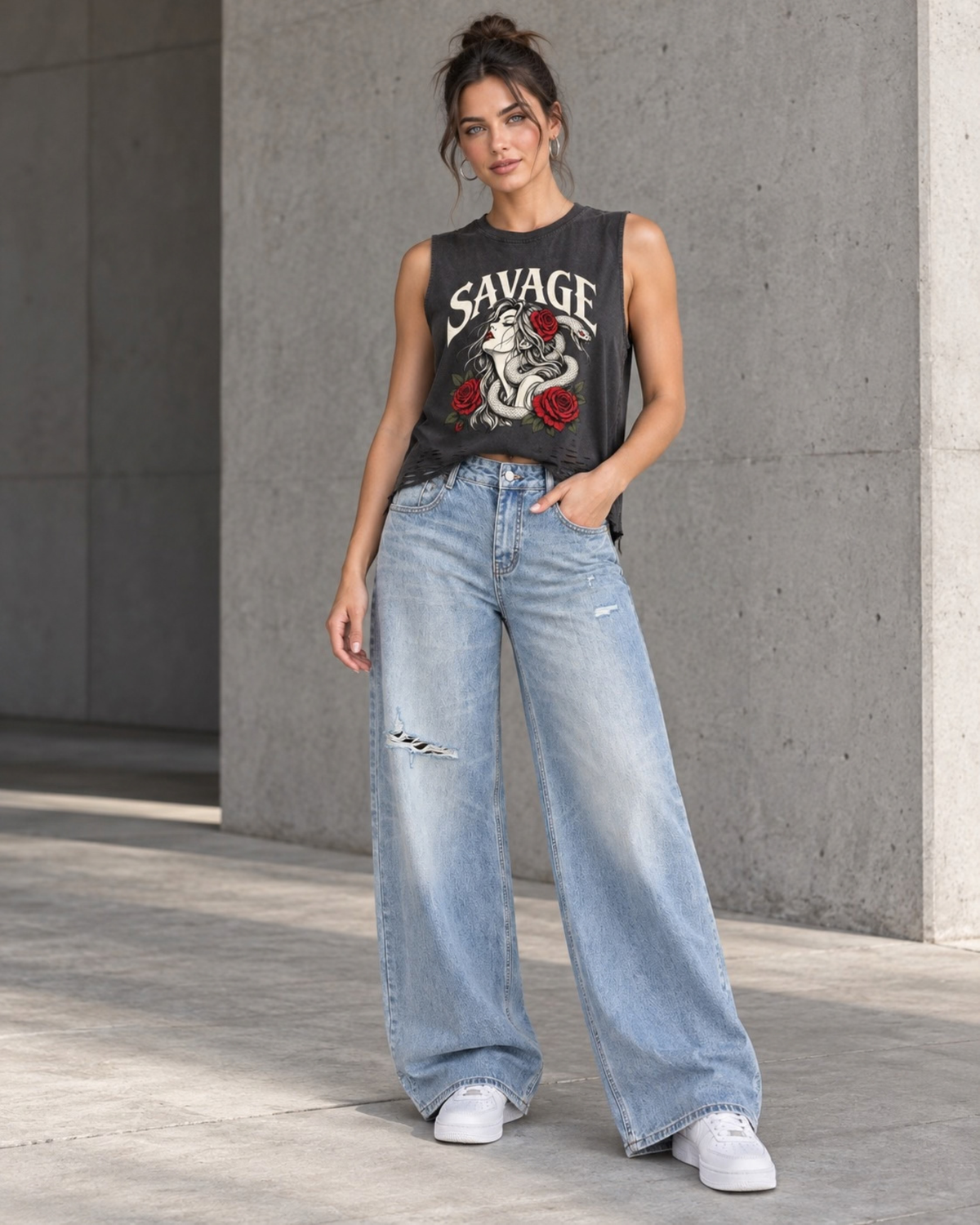 Savage Distressed Wide Leg Jeans in Vintage Blue.