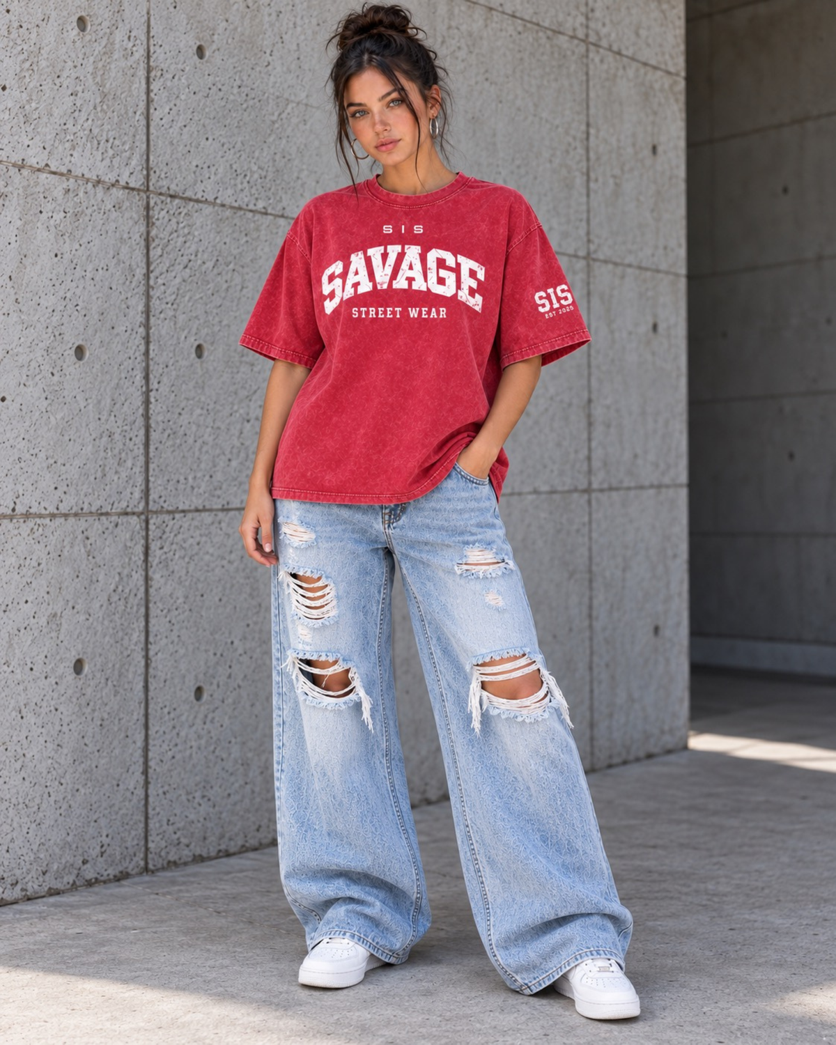 Savage Streetwear Oversized Tee in Washed Red / White.