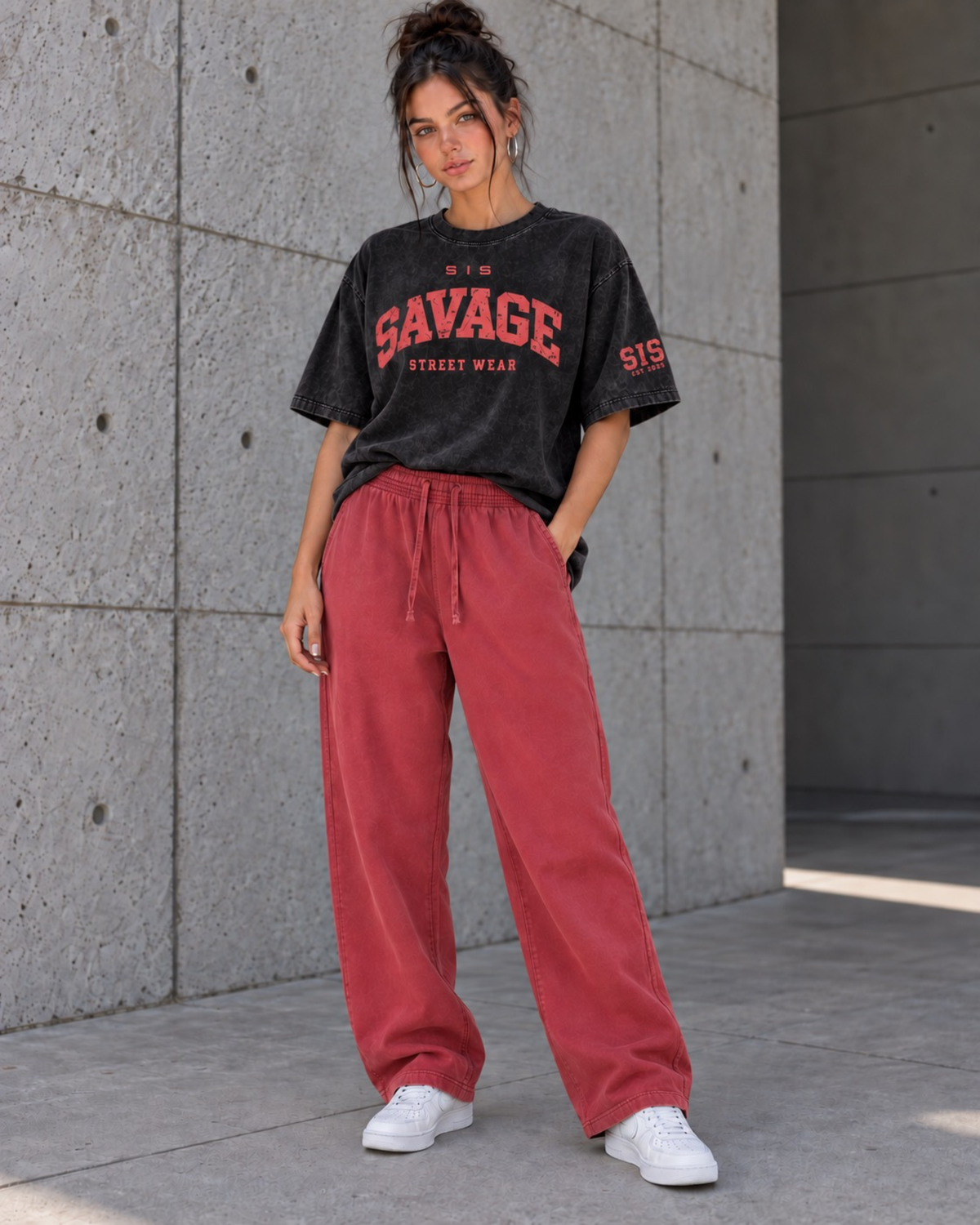 SIS Straight Leg Sweatpants in Washed Red.