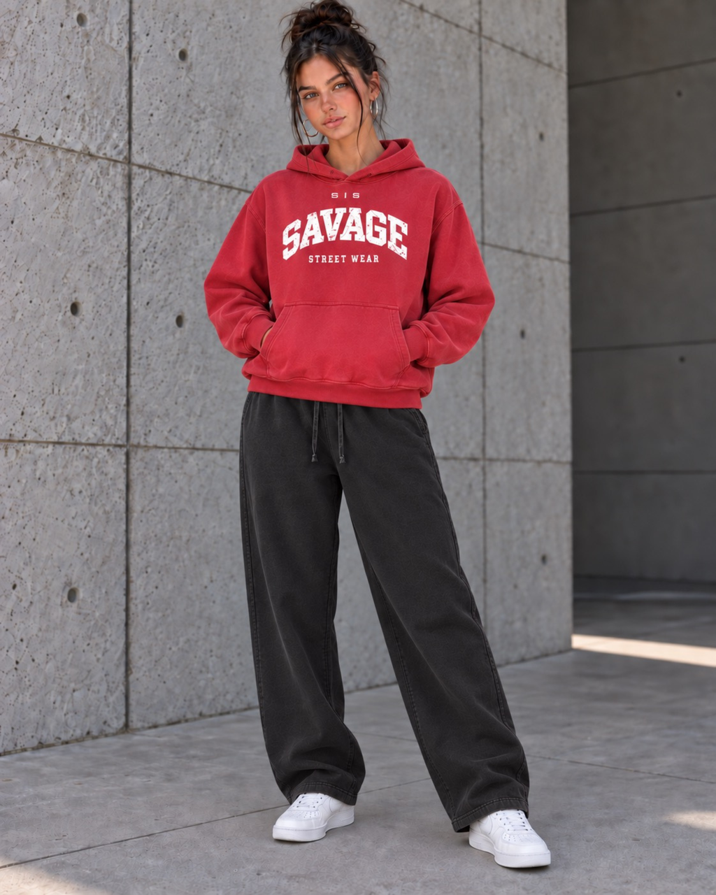 Savage Streetwear Hoodie in Washed Red / White.